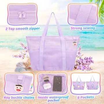 Tagitary Mesh Beach Bag with Zipper and 8 Pockets, Large Purple Foldable Waterproof Sandproof Sports Pool Swim Bag, Foldable Beach Accessories Storage Travel Bag