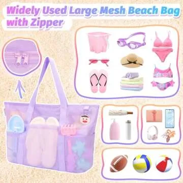 Tagitary Mesh Beach Bag with Zipper and 8 Pockets, Large Purple Foldable Waterproof Sandproof Sports Pool Swim Bag, Foldable Beach Accessories Storage Travel Bag