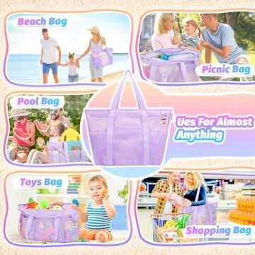 Tagitary Mesh Beach Bag with Zipper and 8 Pockets, Large Purple Foldable Waterproof Sandproof Sports Pool Swim Bag, Foldable Beach Accessories Storage Travel Bag