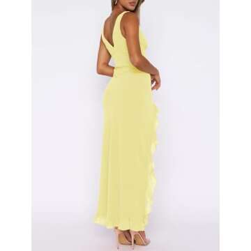 MIYIEONZ Women Sexy V Neck Sleeveless Mesh Ruffle Hem Bodycon Maxi Dress Casual Y2K Backless High Sl...