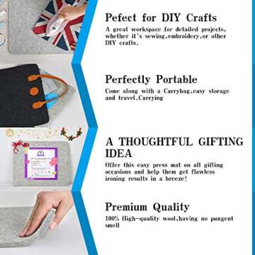 Rdutuok 17“x13.5” Wool Pressing Mat for Quilting with Carrying Case and Silicone Iron Rest pad,100% New Zealand Wool Felted Ironing Pad or Quilting Wooly Felted Iron Board for Retains Heat