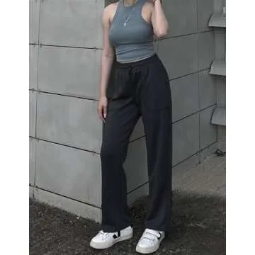 PINSPARK Women's Casual Sweatpants Drawstring High Waist Track Pants Baggy Straight Leg Petite Sweatpants with Pockets Black S