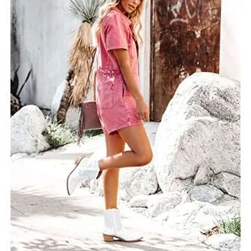 chouyatou Women's Vintage Distressed Short Sleeve Zip Up Denim Jean Utility Jumpsuit Romper Shorts (Small, Pink)