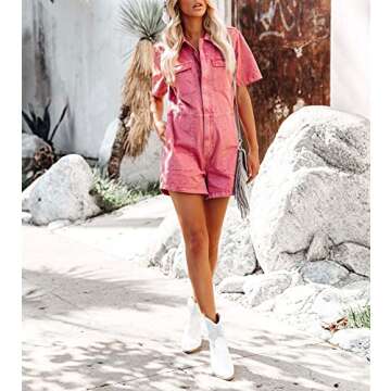 chouyatou Women's Vintage Distressed Short Sleeve Zip Up Denim Jean Utility Jumpsuit Romper Shorts (Small, Pink)