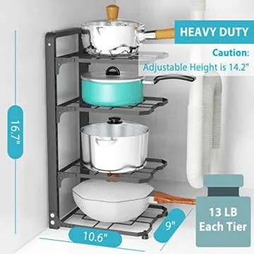 ROMATIA Pot and Pan Organizer Rack for under Cabinet, Heavy Duty Pot Pan Rack under Sink Organizers and Storage, Pot lid organizer, Kitchen Cabinet Organizer with 4 Adjustable Tiers