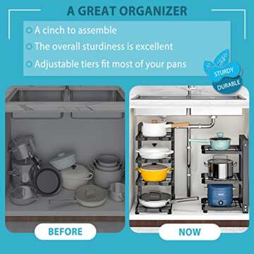 ROMATIA Pot and Pan Organizer Rack for under Cabinet, Heavy Duty Pot Pan Rack under Sink Organizers and Storage, Pot lid organizer, Kitchen Cabinet Organizer with 4 Adjustable Tiers