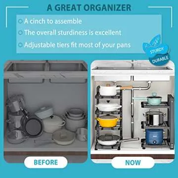 ROMATIA Pot and Pan Organizer Rack for under Cabinet, Heavy Duty Pot Pan Rack under Sink Organizers and Storage, Pot lid organizer, Kitchen Cabinet Organizer with 4 Adjustable Tiers