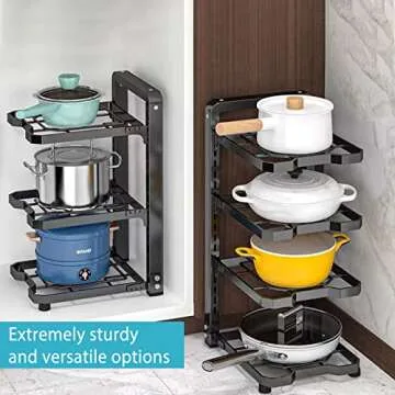 ROMATIA Pot and Pan Organizer Rack for under Cabinet, Heavy Duty Pot Pan Rack under Sink Organizers and Storage, Pot lid organizer, Kitchen Cabinet Organizer with 4 Adjustable Tiers