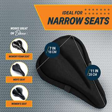 Bikeroo Comfort Bike Seat Cushion - Black Narrow Padded Gel Cover for Exercise, Mountain & Road Bikes, Universal Fit for Peloton & Stationary Bikes