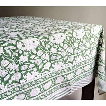 ATOSII Meraki Green 100% Cotton Spring Summer Tablecloth, Block Print Rectangle Table Cover - Dining, Parties, Outdoors, Weddings, Grand Millennial Decor 60 X 60 Inches I 4 Seater I