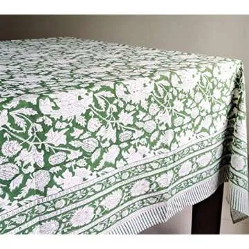 ATOSII Meraki Green 100% Cotton Spring Summer Tablecloth, Block Print Rectangle Table Cover - Dining, Parties, Outdoors, Weddings, Grand Millennial Decor 60 X 60 Inches I 4 Seater I