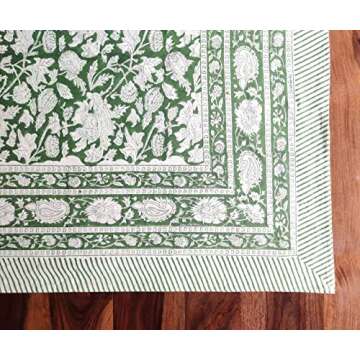 ATOSII Meraki Green 100% Cotton Spring Summer Tablecloth, Block Print Rectangle Table Cover - Dining, Parties, Outdoors, Weddings, Grand Millennial Decor 60 X 60 Inches I 4 Seater I