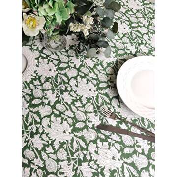 ATOSII Meraki Green 100% Cotton Spring Summer Tablecloth, Block Print Rectangle Table Cover - Dining, Parties, Outdoors, Weddings, Grand Millennial Decor 60 X 60 Inches I 4 Seater I