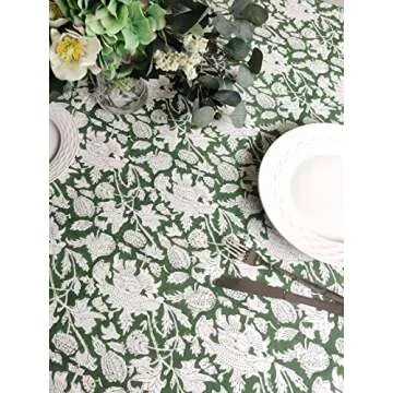 ATOSII Meraki Green 100% Cotton Spring Summer Tablecloth, Block Print Rectangle Table Cover - Dining, Parties, Outdoors, Weddings, Grand Millennial Decor 60 X 60 Inches I 4 Seater I