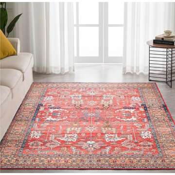 Syalife 9x12 Area Rugs - Washable, Low Pile, Non-Slip for Living Room, Bedroom, Dining Room and Home Office - Non-Shedding Carpet, Coral Red