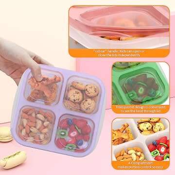 Bento Snack Boxes (4 Pack)- Reusable 4-Compartment Meal Prep Containers for Kids and Adults, Perfect...