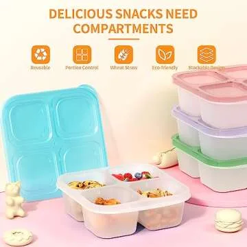 Bento Snack Boxes (4 Pack)- Reusable 4-Compartment Meal Prep Containers for Kids and Adults, Perfect Food Storage Containers for School, Compact and Stackable (Transparent(Red/Green/Blue/Purple))