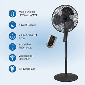 Lasko Oscillating Pedestal Fan, Thermostat, Adjustable Height, Remote Control, Timer, 4 Speeds, for ...