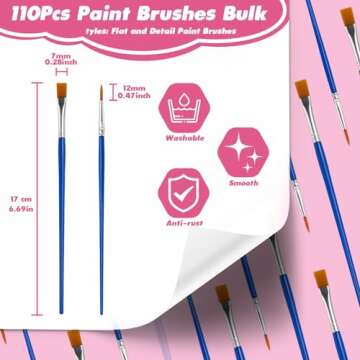 Small Paint Brushes Bulk, 110 Pcs Flat Tip Round Acrylic Paint Brushes for Kids Classroom Acrylic Wa...