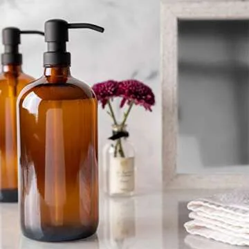 Kitchentoolz Large Pump Bottle - 32 Ounce Glass Shampoo and Soap Dispenser - Amber