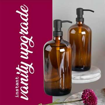 Kitchentoolz Large Pump Bottle - 32 Ounce Glass Shampoo and Soap Dispenser - Amber