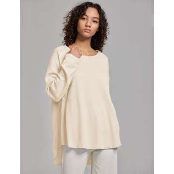 HYLLGUD Womens Waffle Knit Tops Long Patched Sleeve Casual Blouses Crewneck Oversized Pullover Shirts