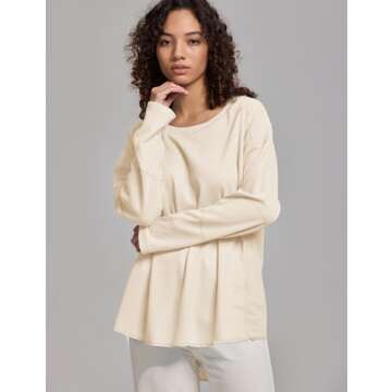 HYLLGUD Womens Waffle Knit Tops Long Patched Sleeve Casual Blouses Crewneck Oversized Pullover Shirts