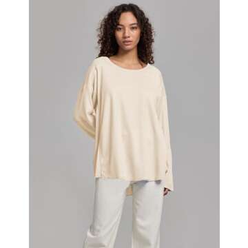 HYLLGUD Womens Waffle Knit Tops Long Patched Sleeve Casual Blouses Crewneck Oversized Pullover Shirts