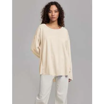 HYLLGUD Womens Waffle Knit Tops Long Patched Sleeve Casual Blouses Crewneck Oversized Pullover Shirts