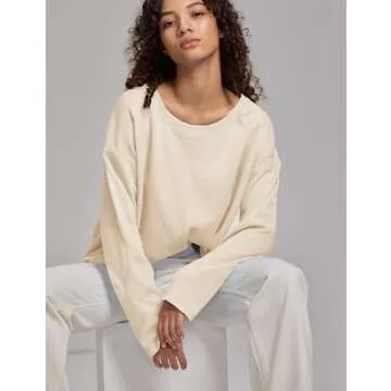 HYLLGUD Womens Waffle Knit Tops Long Patched Sleeve Casual Blouses Crewneck Oversized Pullover Shirts