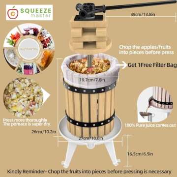 SQUEEZE master Fruit Press- 1.6 Gallon/6L-Solid Wood Basket Wine Press-Vintage traditional juicer-6 ...