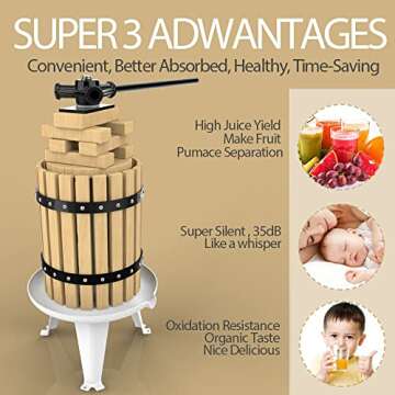SQUEEZE master Fruit Press- 1.6 Gallon/6L-Solid Wood Basket Wine Press-Vintage traditional juicer-6 Press Wooden Blocks-Pole Handle Bar for Juice,Wine,Cider-1 free filter bag included