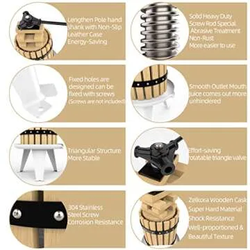 SQUEEZE master Fruit Press- 1.6 Gallon/6L-Solid Wood Basket Wine Press-Vintage traditional juicer-6 Press Wooden Blocks-Pole Handle Bar for Juice,Wine,Cider-1 free filter bag included