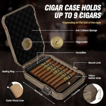 AWOTE Travel Cigar Humidor Case - Cedar Lined, V Cut Cutter, Portable Humidor with Humidifier & Hygr...
