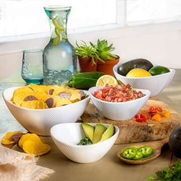 Euro Ceramica Highlands 3 Piece Porcelain Serving Bowls Set, Modern Chevron Texture, White - 40oz, 3...