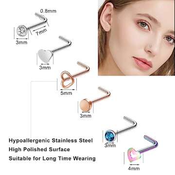 ONESING 44 Pcs 20G Nose Rings Studs Nose Piercings for Women and Men Surgical Steel Moon Star Heart ...