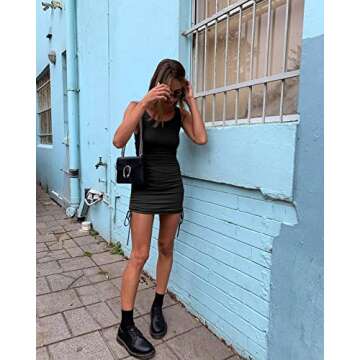 Wenrine Women Bodycon Mini Dress Sleeveless Drawstring Ruched Basic Party Club Tank Dress Black