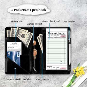 Server Books for Waitress with Zipper Pocket - Leather Waitress Booklet Waiter Money Organizer Walle...