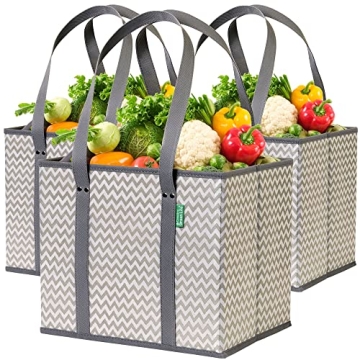 Reusable Grocery Bags (3 Pack) – Heavy Duty Reusable Shopping Bags with Box Shape to Stand Up and ...