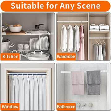 6 Pack Spring Curtain Rod Adjustable Length for Kitchen, Bathroom, Cupboard, Wardrobe, Window, Bookshelf DIY Projects