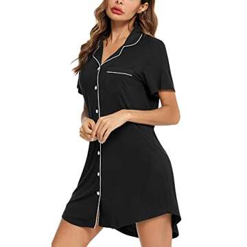 Samring Women's Nightgown Short Sleeve Sleep Nightshirt Breastfeeding Loungewear Button Down Pajama Dress Black M