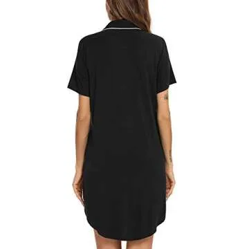 Samring Women's Nightgown Short Sleeve Sleep Nightshirt Breastfeeding Loungewear Button Down Pajama Dress Black M