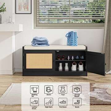 Anmytek Rattan Shoe Bench, Entryway Bench with Shoe Storage Wooden Shoe Rack Bench with Cushion Seat & Adjustable Shelves, Storage Bench for Entryway Black (39.8" W X 15.7" D X 18" H)