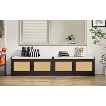 Anmytek Rattan Shoe Bench, Entryway Bench with Shoe Storage Wooden Shoe Rack Bench with Cushion Seat & Adjustable Shelves, Storage Bench for Entryway Black (39.8" W X 15.7" D X 18" H)