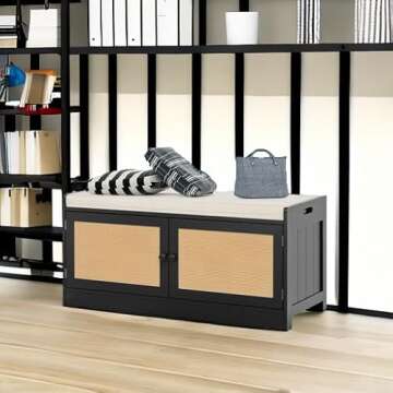 Anmytek Rattan Shoe Bench, Entryway Bench with Shoe Storage Wooden Shoe Rack Bench with Cushion Seat & Adjustable Shelves, Storage Bench for Entryway Black (39.8" W X 15.7" D X 18" H)