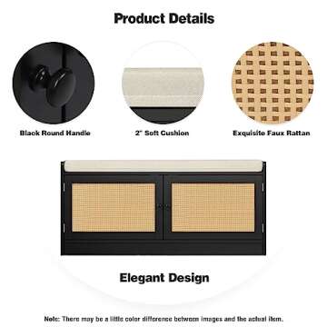 Anmytek Rattan Shoe Bench, Entryway Bench with Shoe Storage Wooden Shoe Rack Bench with Cushion Seat & Adjustable Shelves, Storage Bench for Entryway Black (39.8" W X 15.7" D X 18" H)