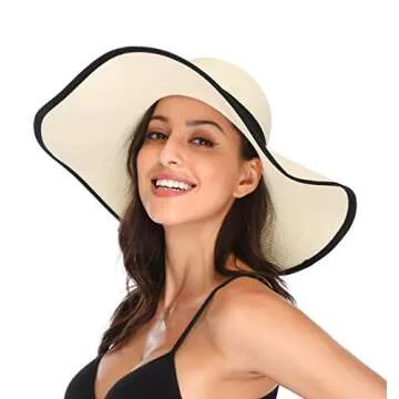 Lanzom Womens Sun Straw Hat Wide Brim Summer Hat Foldable Roll up Large Floppy Beach Hats(Style C-Ivory White)