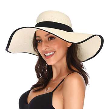 Lanzom Womens Sun Straw Hat Wide Brim Summer Hat Foldable Roll up Large Floppy Beach Hats(Style C-Ivory White)