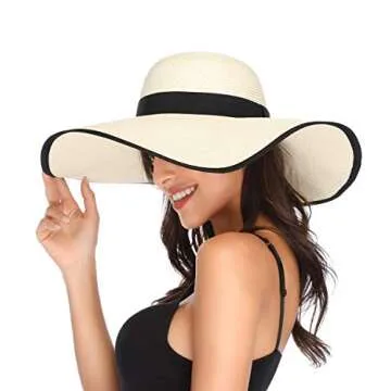 Lanzom Womens Sun Straw Hat Wide Brim Summer Hat Foldable Roll up Large Floppy Beach Hats(Style C-Ivory White)