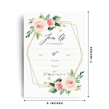 Bliss Collections Join Us Invitations with Envelopes, Bridal Shower Invites, Baby Shower, Birthday, Wedding, Baptism, Geometric Blush Floral, Coral & Greenery Watercolor fill-in style invites, 25 Pack